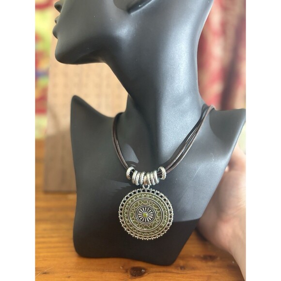 Boutique Jewelry - Designer Statement Necklace Antique Silver Tone Enamel Crystal Premier Chic 13K